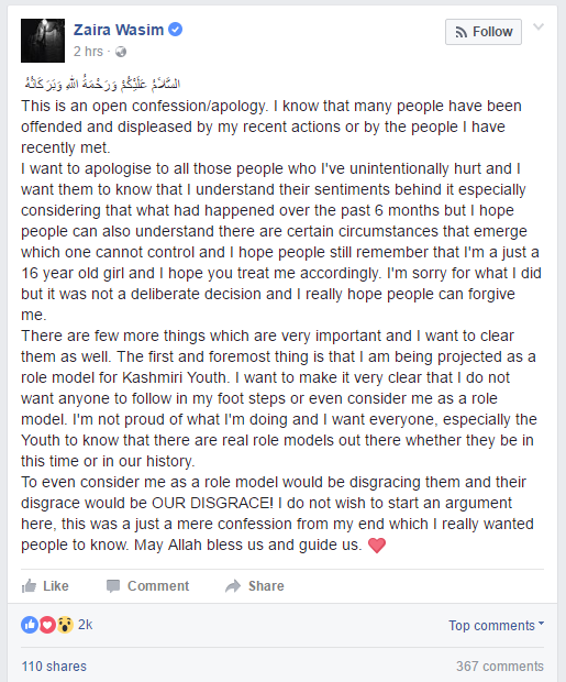 Zaira Wasim apology