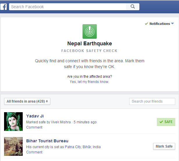 An example of how Facebook Security Check worked in case of Nepal Earthquake last year.