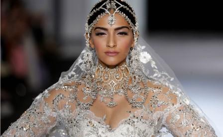 Glittering headgear and a graceful necklace add a unique elegance to Sonam's angelic look.