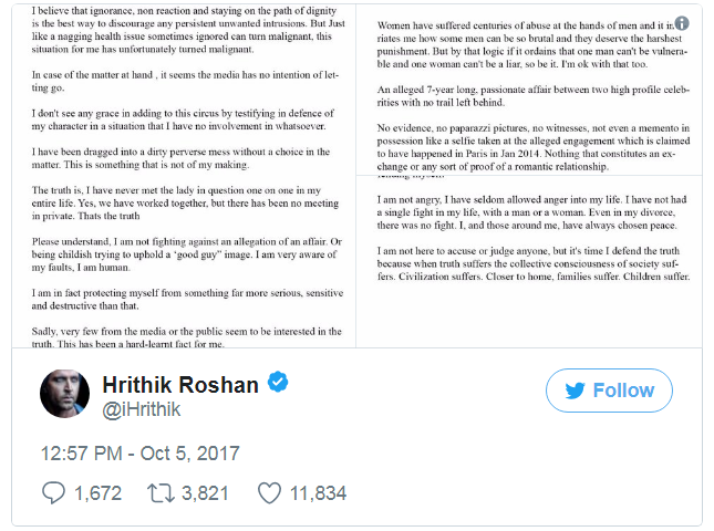 Hrithik Roshan's tweet on Kangna Controversy