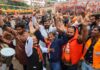 BJP workers and supporters outside the party headquarters during counting of votes for the Rajasthan Assembly elections, in Jaipur, Sunday, Dec. 3, 2023.